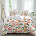 Peaches Watercolor Duvet Cover Set Queen Size 4 Pieces Pink Fruit Green Leaf Gradient Abstract Bedding Set with Zipper Closure, 1 Comforter Cover 92x106 Inches 1 Flat Sheet & 2 Pillow Cases