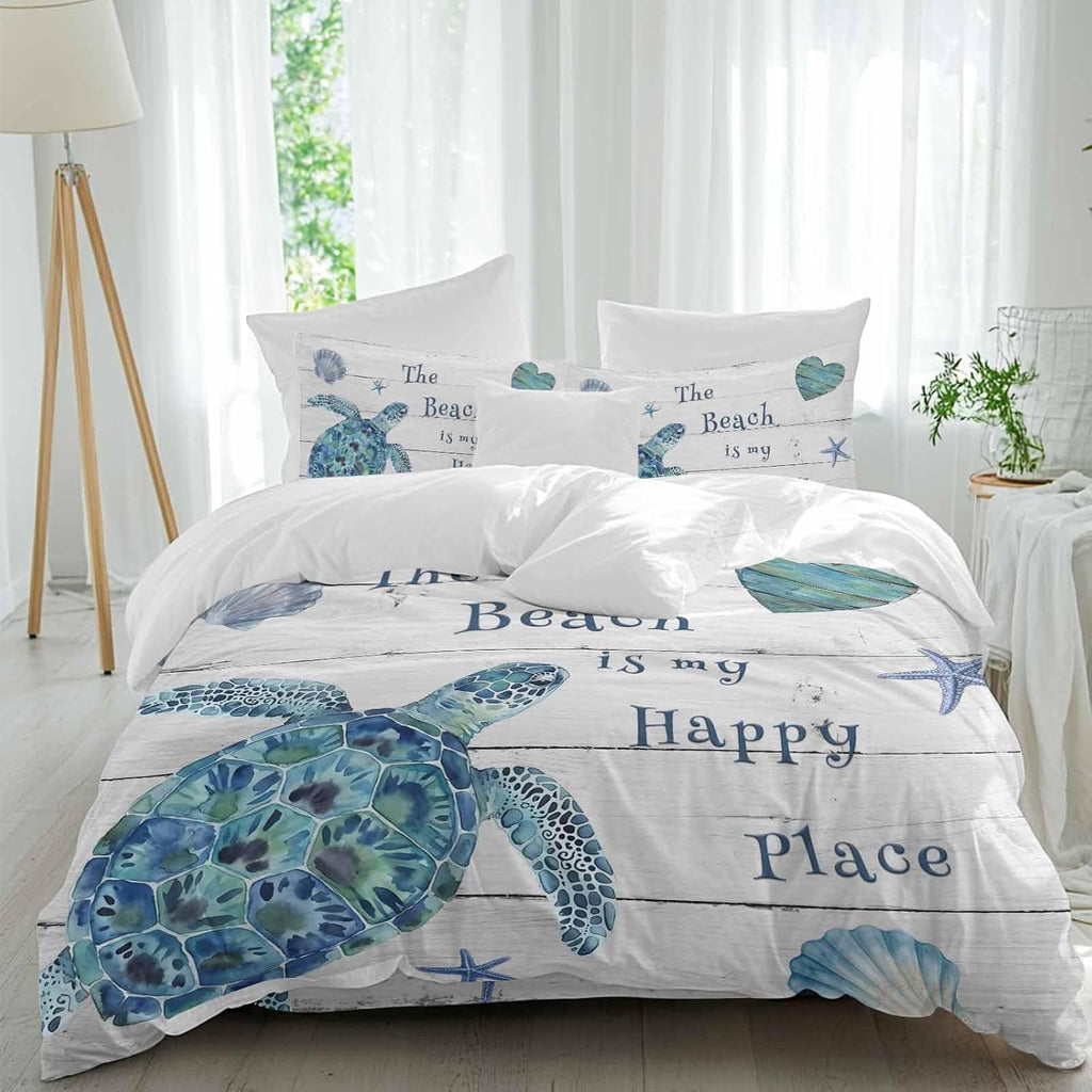 Blue Sea Turtle Duvet Cover Set Queen Size 4 Pieces Beach Happy Place Seashell Starfish Retro Wood Grain Bedding Set with Zipper Closure, 1 Comforter Cover 92x106 Inches 1 Flat Sheet & 2 Pillow Cases