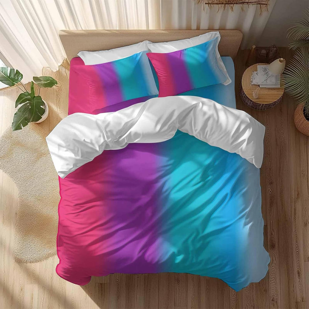 Gradient Art Duvet Cover Set Queen Size 4 Pieces Modern Pink Purple Teal Blue Color Stripes Ombre Bedding Set with Zipper Closure, 1 Comforter Cover 92x106 Inches 1 Flat Sheet & 2 Pillow Cases