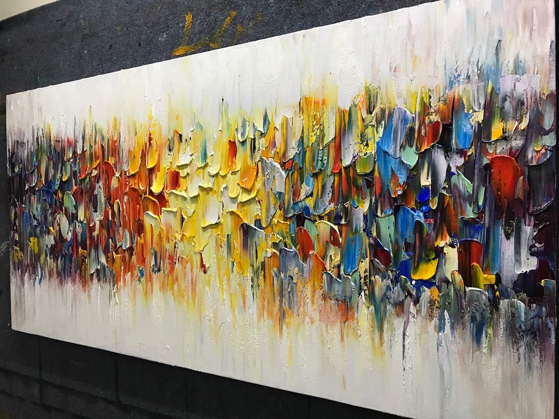 AMEI Art,24x48Inch Hand Painted Abstract Knife Oil Painting Yellow White Textured Wall Art Colorful Modern Artwork Handmade Acrylic Painting Stretched and Framed Ready to Hang