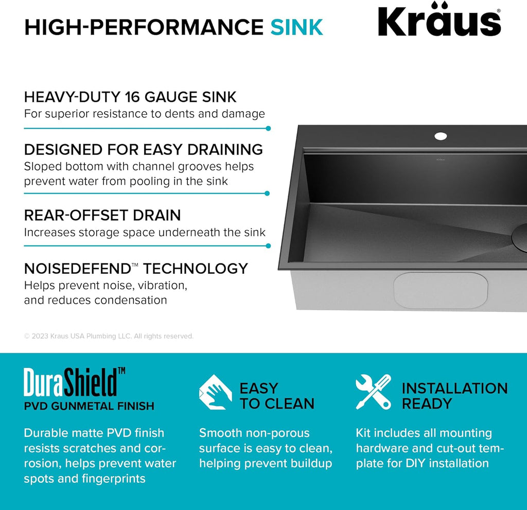 KRAUS Kore Workstation 33-inch Top Mount Drop-In 16 Gauge Black Stainless Steel Single Bowl Kitchen Sink in PVD Gunmetal Finish with Accessories, KWT310-33/PGM