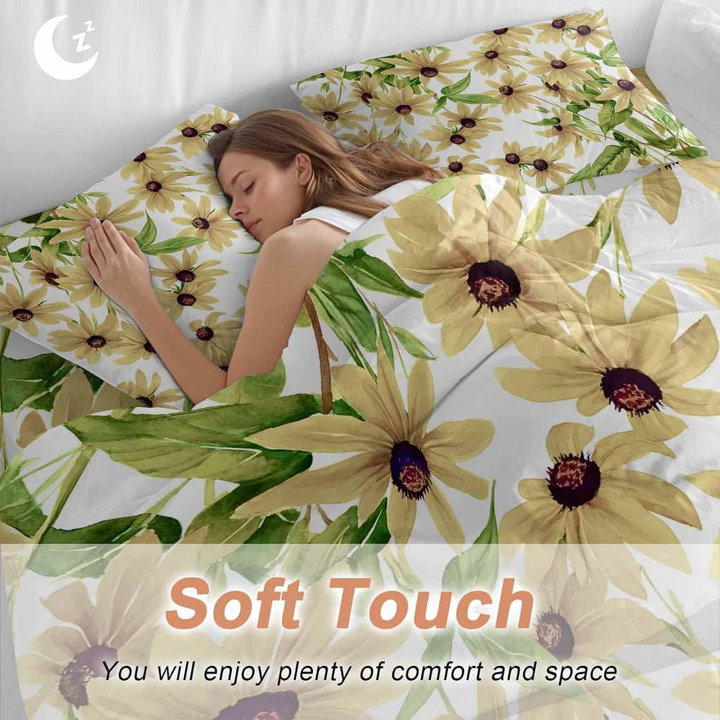Light Yellow Sunflower Duvet Cover Set Queen Size 4 Pieces Watercolor Flower Green Leaf Spring Country Bedding Set with Zipper Closure, 1 Comforter Cover 92x106 Inches 1 Flat Sheet & 2 Pillow Cases