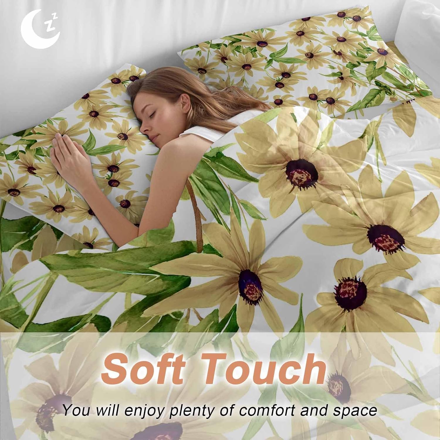 Light Yellow Sunflower Duvet Cover Set Queen Size 4 Pieces Watercolor Flower Green Leaf Spring Country Bedding Set with Zipper Closure, 1 Comforter Cover 92x106 Inches 1 Flat Sheet & 2 Pillow Cases