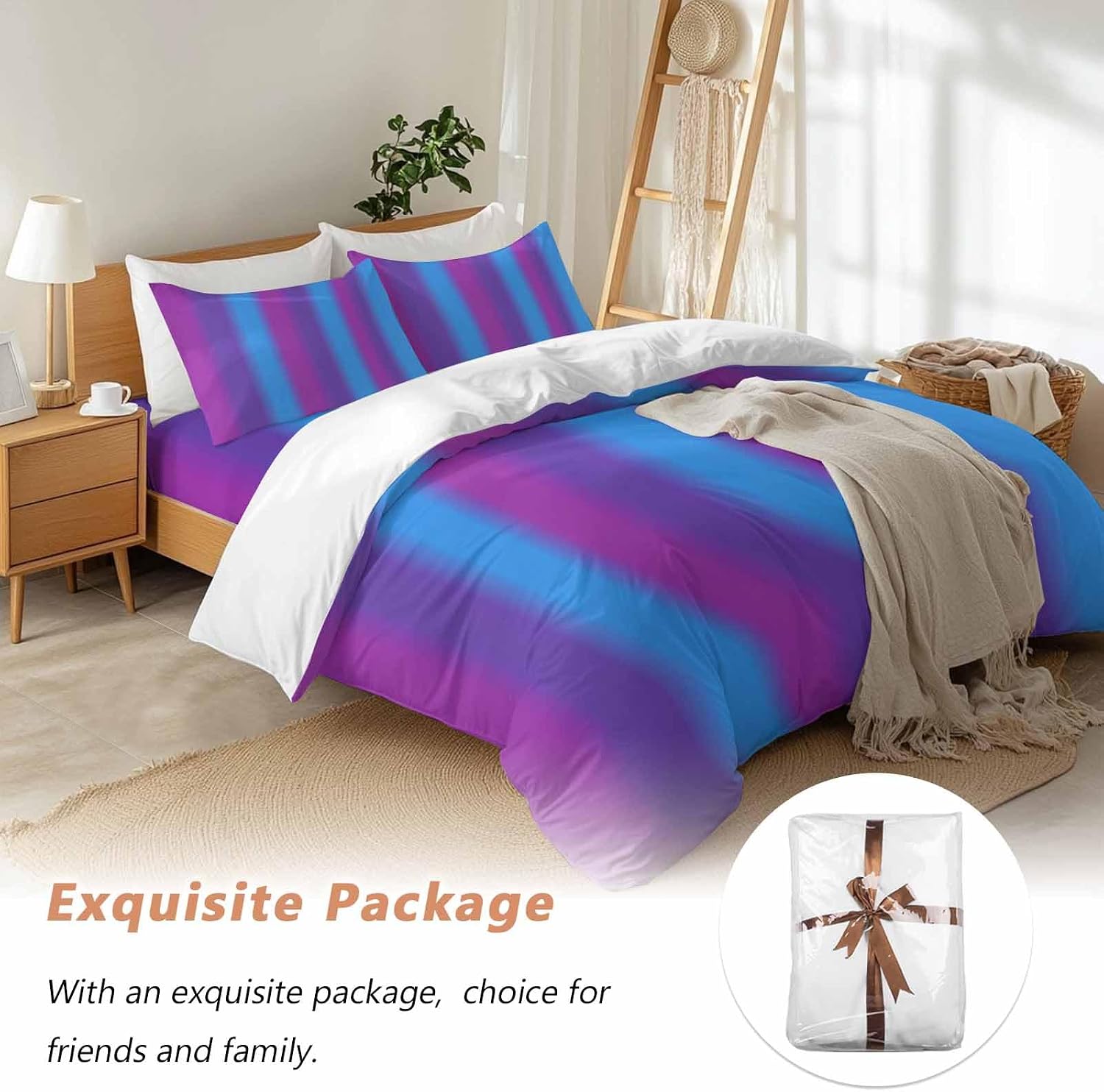 Color Striped Gradient Duvet Cover Set Queen Size 4 Pieces Modern Pink Purple Blue Minimalist Art Bedding Set with Zipper Closure, 1 Comforter Cover 92x106 Inches 1 Flat Sheet & 2 Pillow Cases