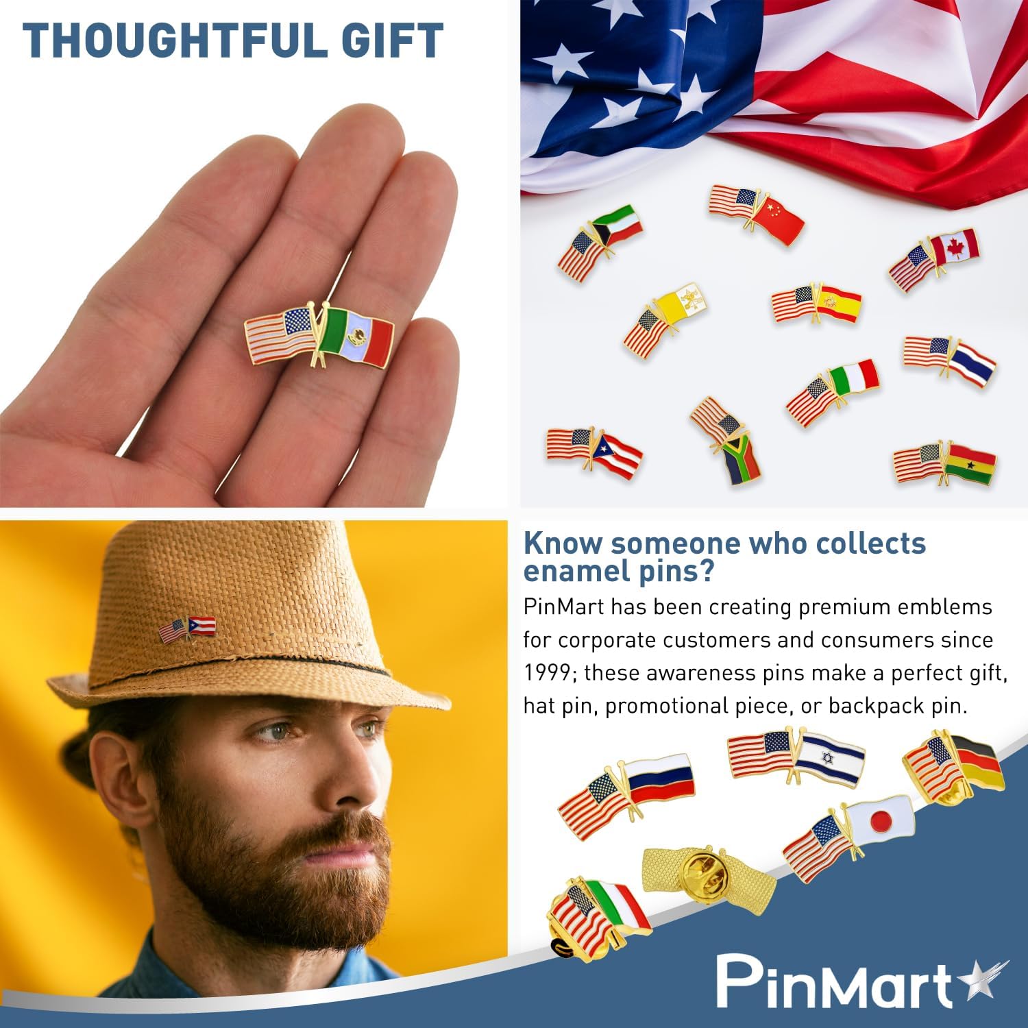 PinMart Crossed American Flag Lapel Pin - Gold Color Plated-Color Plated Enamel, USA and World Crossed Flag, Friendship & Unity, Hat, Jacket and Backpack Pins, Collectible, Patriotic Gift, Secure Clutch Back