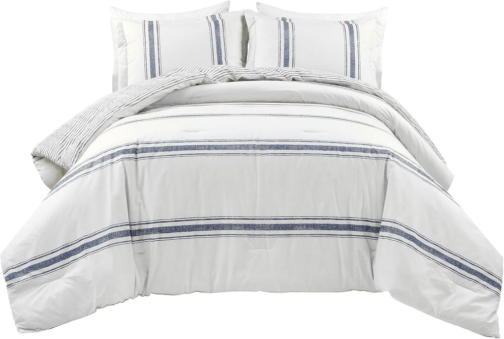 Lush Decor Farmhouse Stripe Reversible Cotton Comforter Set, 3 Piece Set, King, Navy - Cozy Farmhouse Bedding Set - Rustic Decor - Striped Comforter - Modern Farmhouse Bedroom Decor