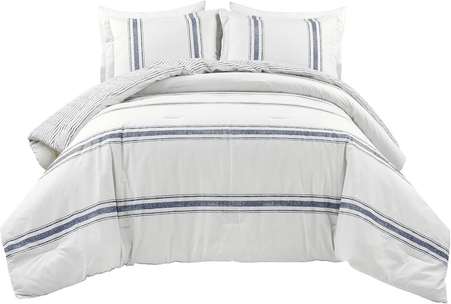 Lush Decor Farmhouse Stripe Reversible Cotton Comforter Set, 3 Piece Set, King, Navy - Cozy Farmhouse Bedding Set - Rustic Decor - Striped Comforter - Modern Farmhouse Bedroom Decor