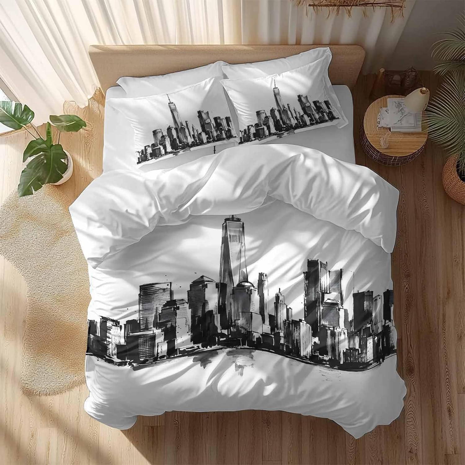 City Silhouette Duvet Cover Set Queen Size 4 Pieces Modern Minimalist Black and White Skyscraper Bedding Set with Zipper Closure, 1 Comforter Cover 86x86 Inches 1 Flat Sheet & 2 Pillow Cases