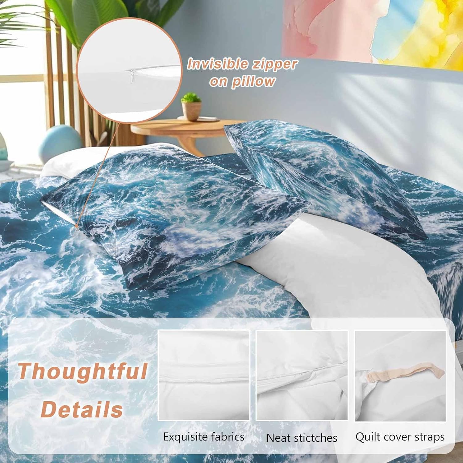 Dark Blue Ocean Scenery Duvet Cover Set Queen Size 4 Pieces Ombre Sea Waves Natural Modern Art Bedding Set with Zipper Closure, 1 Comforter Cover 92x106 Inches 1 Flat Sheet & 2 Pillow Cases