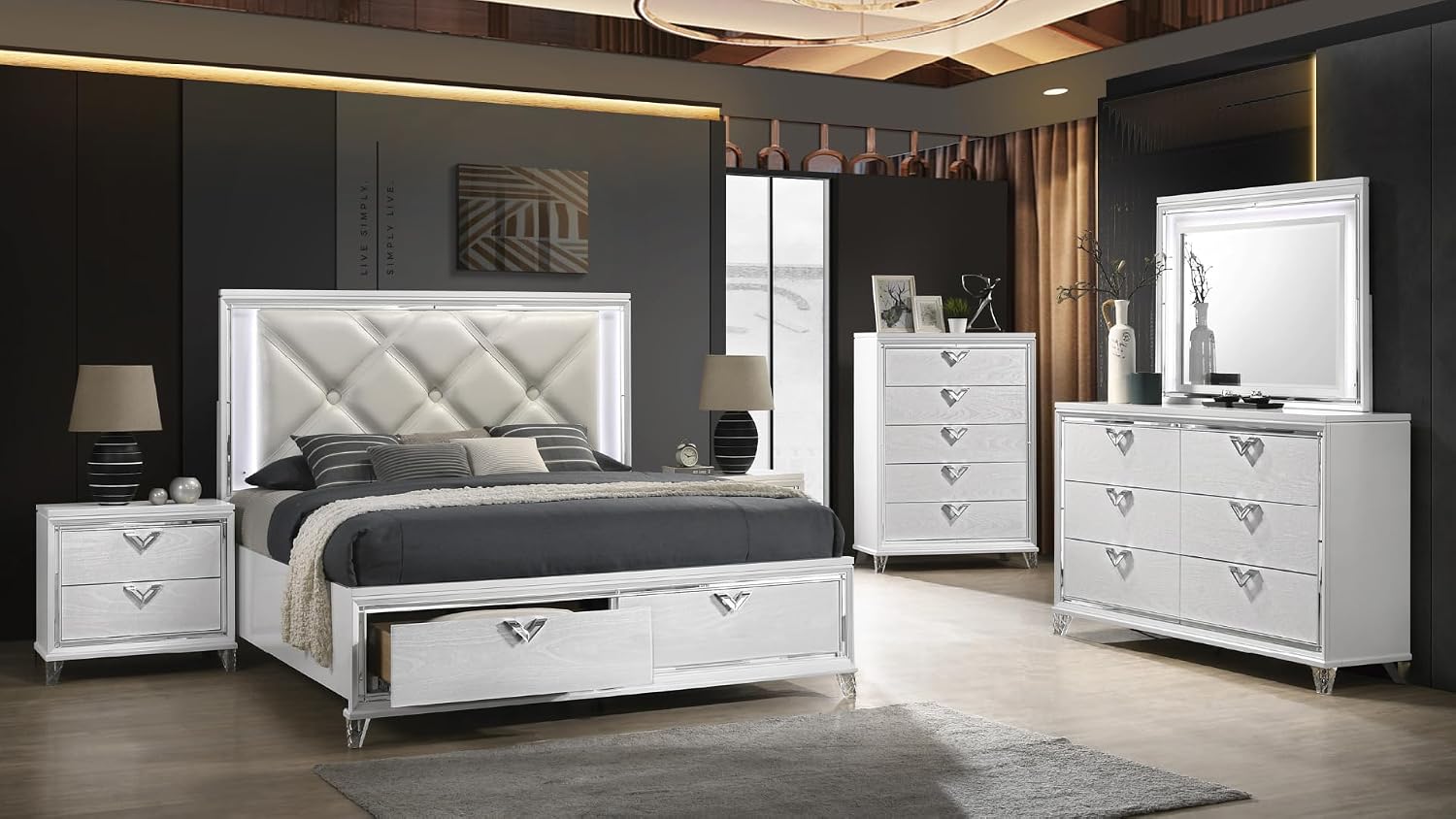 Modern Style King 4PC Bedroom Set with LED Accents & V-Shaped Handles