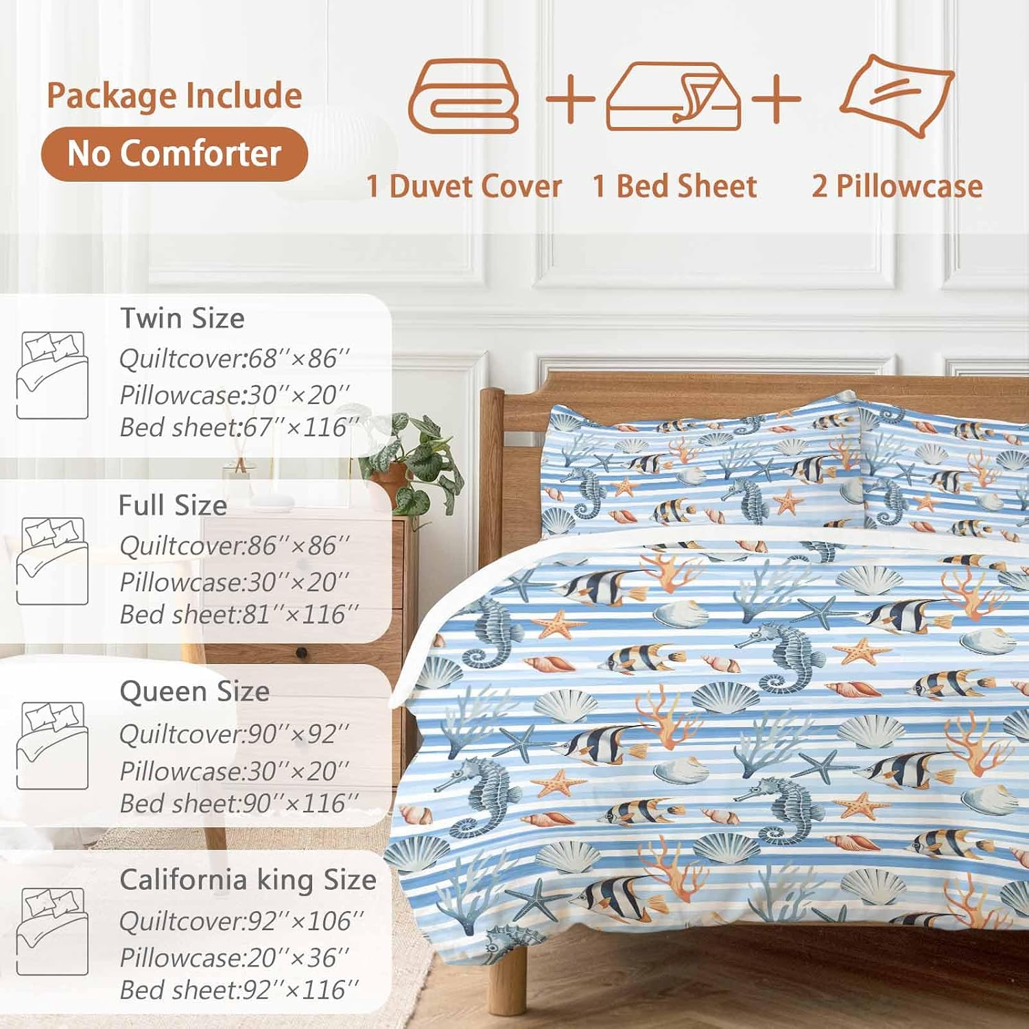 Summer Marine Life Duvet Cover Set Queen Size 4 Pieces Seahorses Corals Tropical Fish Blue Striped Bedding Set with Zipper Closure, 1 Comforter Cover 92x106 Inches 1 Flat Sheet & 2 Pillow Cases