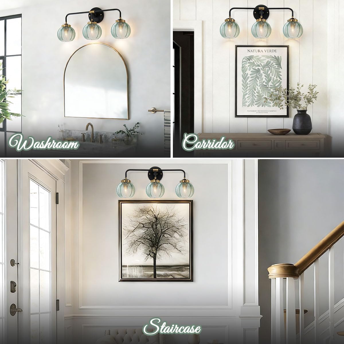 3-Light Bathroom Vanity Light Black Wall Mount Light with Green Glass Shade, Mid Century Wall Sconce Lights Modern Vanity Lamp for Over Mirror Bedroom Hallway