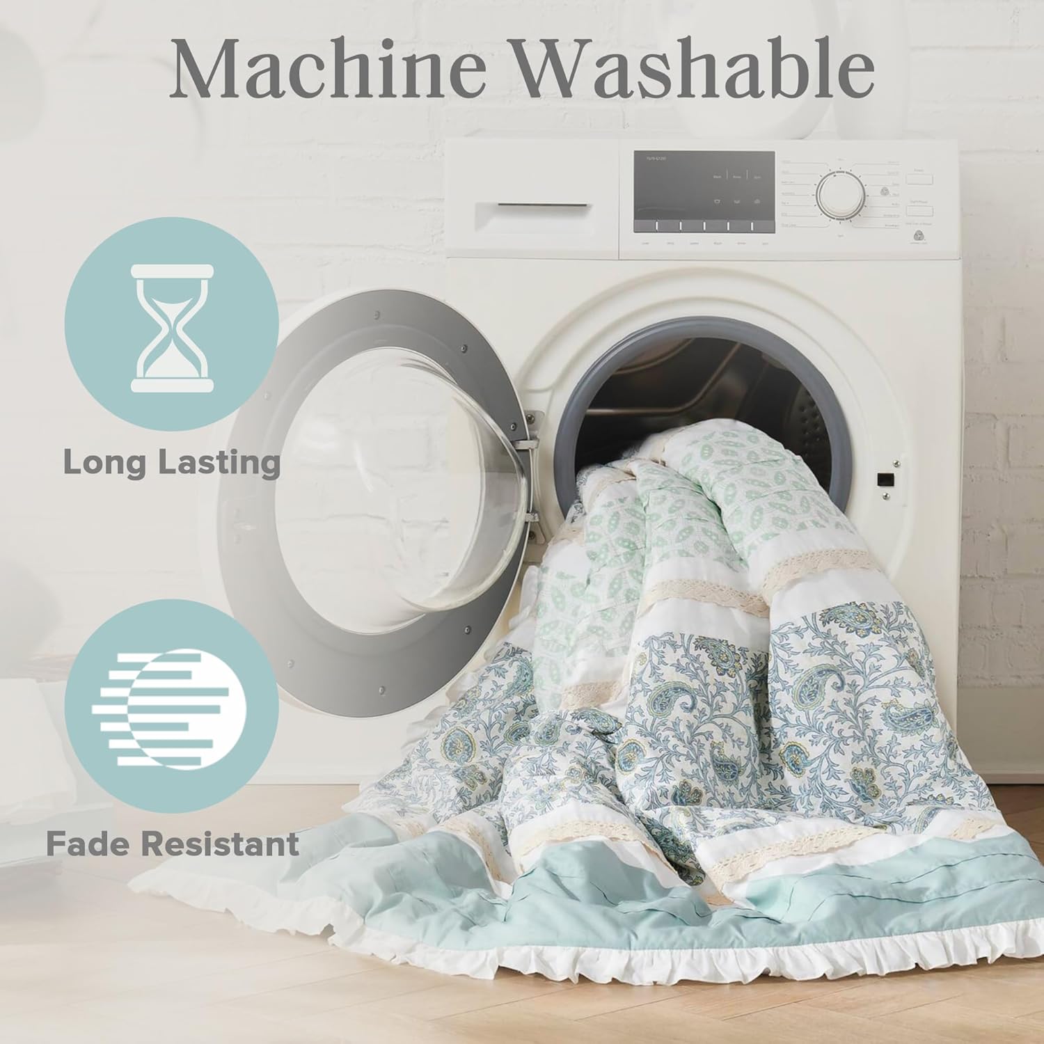 Madison Park Dawn 100% Cotton Shabby Chic Comforter Set-Modern Cottage Design All Season Down Alternative Bedding, Matching Shams, Bedskirt, Decorative Pillows, Cal King(104'x92'), Aqua 9 Piece