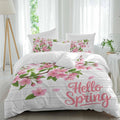 Hello Spring Floral Duvet Cover Set Queen Size 4 Pieces Watercolor Flower Green Leaves Wood Grain Bedding Set with Zipper Closure, 1 Comforter Cover 86x86 Inches 1 Flat Sheet & 2 Pillow Cases