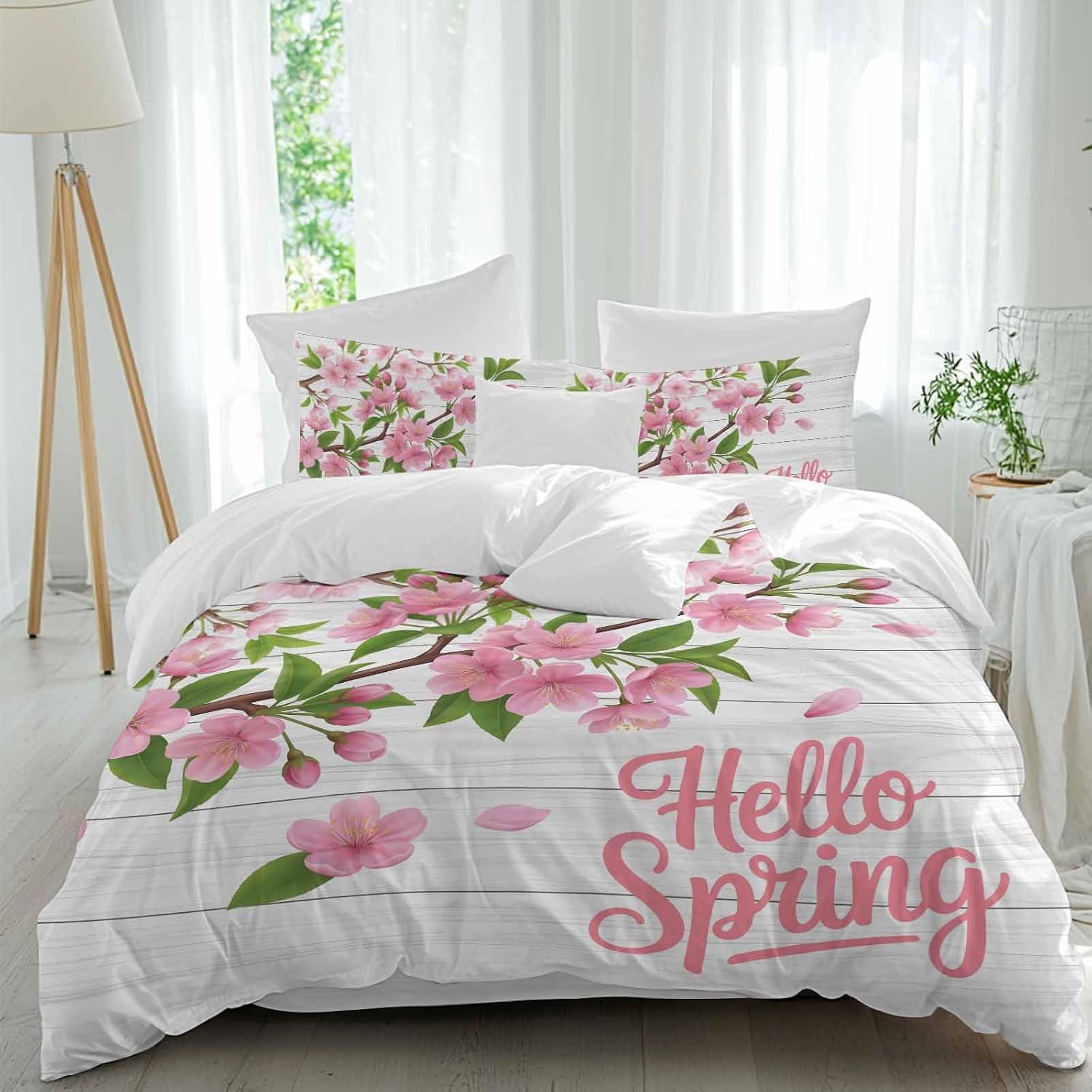Hello Spring Floral Duvet Cover Set Queen Size 4 Pieces Watercolor Flower Green Leaves Wood Grain Bedding Set with Zipper Closure, 1 Comforter Cover 86x86 Inches 1 Flat Sheet & 2 Pillow Cases