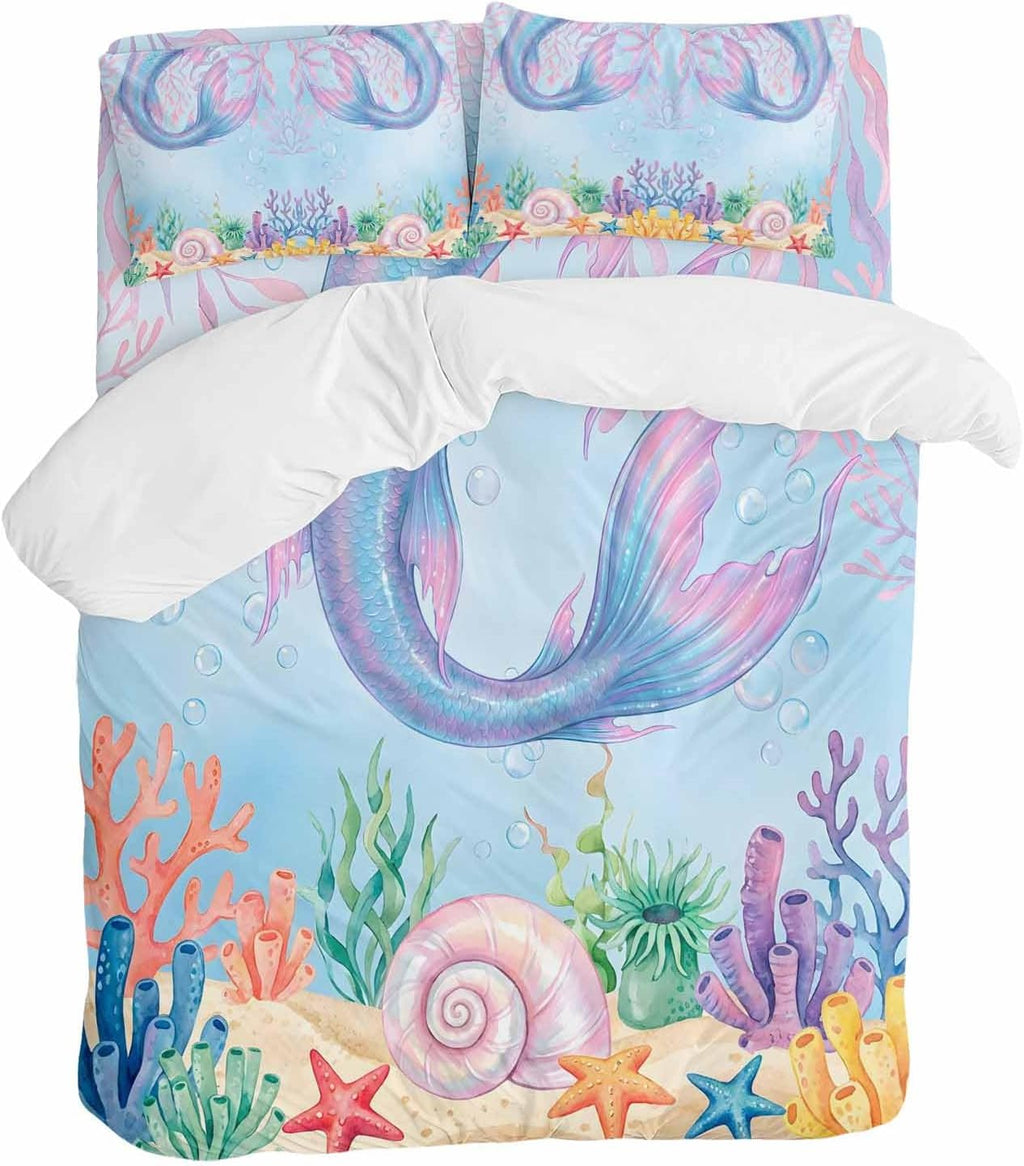 Ocean Marine Life Duvet Cover Set Queen Size 4 Pieces Watercolor Fish Tails Starfish Sea Nut Seagrass Bedding Set with Zipper Closure, 1 Comforter Cover 92x106 Inches 1 Flat Sheet & 2 Pillow Cases