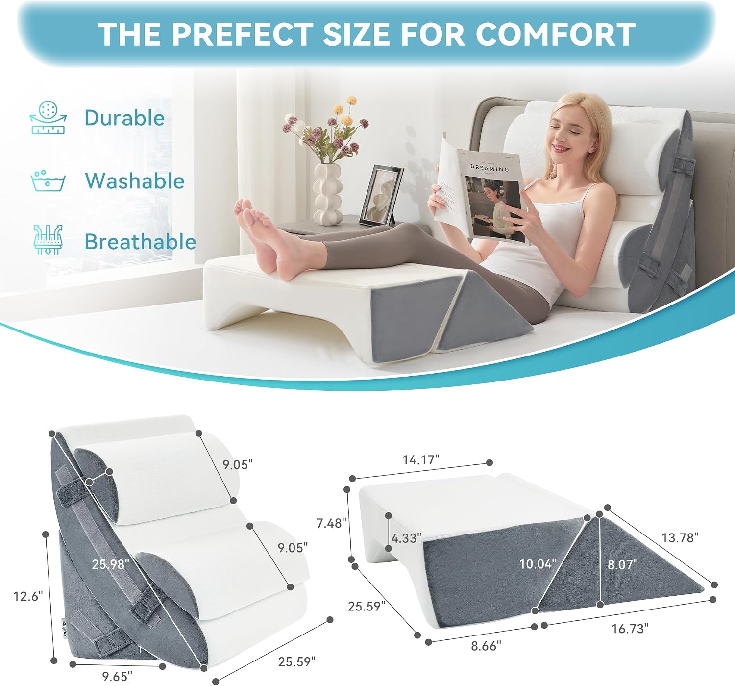 Kingfun 6PCS Orthopedic Bed Wedge Pillow Set for Headboard, Post Surgery Memory Foam Support Pillows for Back, Neck and Leg Pain Relief, Adjustable Triangle Pillow - Acid Reflux, Anti Snoring & GERD