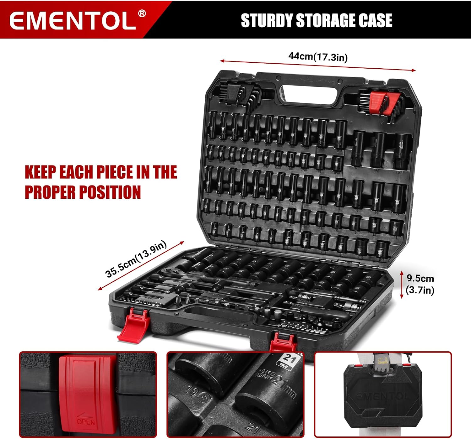 EMENTOL 189-Piece Impact Socket Set, 1/4' & 3/8' Drive Metric and SAE Sizes, CR-V Steel, Includes Deep & Shallow Sockets, Ratchets, Bits, Extensions, Spark Plug Socket & More, with Plastic Tool Case