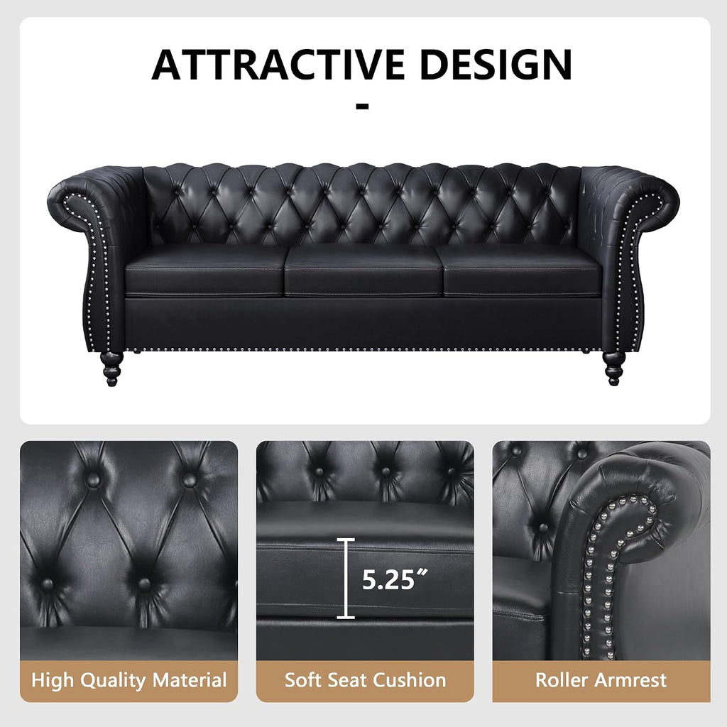 QHITTY Accent Large Sofa, Chesterfield Couch 3 Seater Modern Leather Couch Upholstered Sofa with Tufted Back for Living Room Furniture (Black)