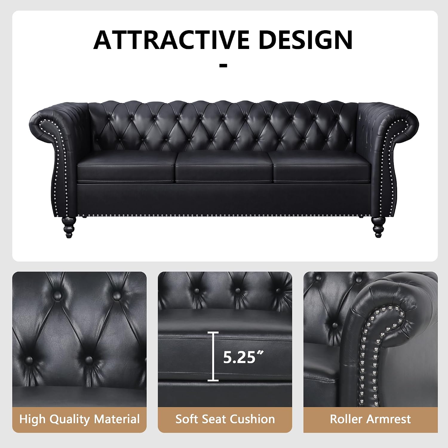 QHITTY Accent Large Sofa, Chesterfield Couch 3 Seater Modern Leather Couch Upholstered Sofa with Tufted Back for Living Room Furniture (Black)