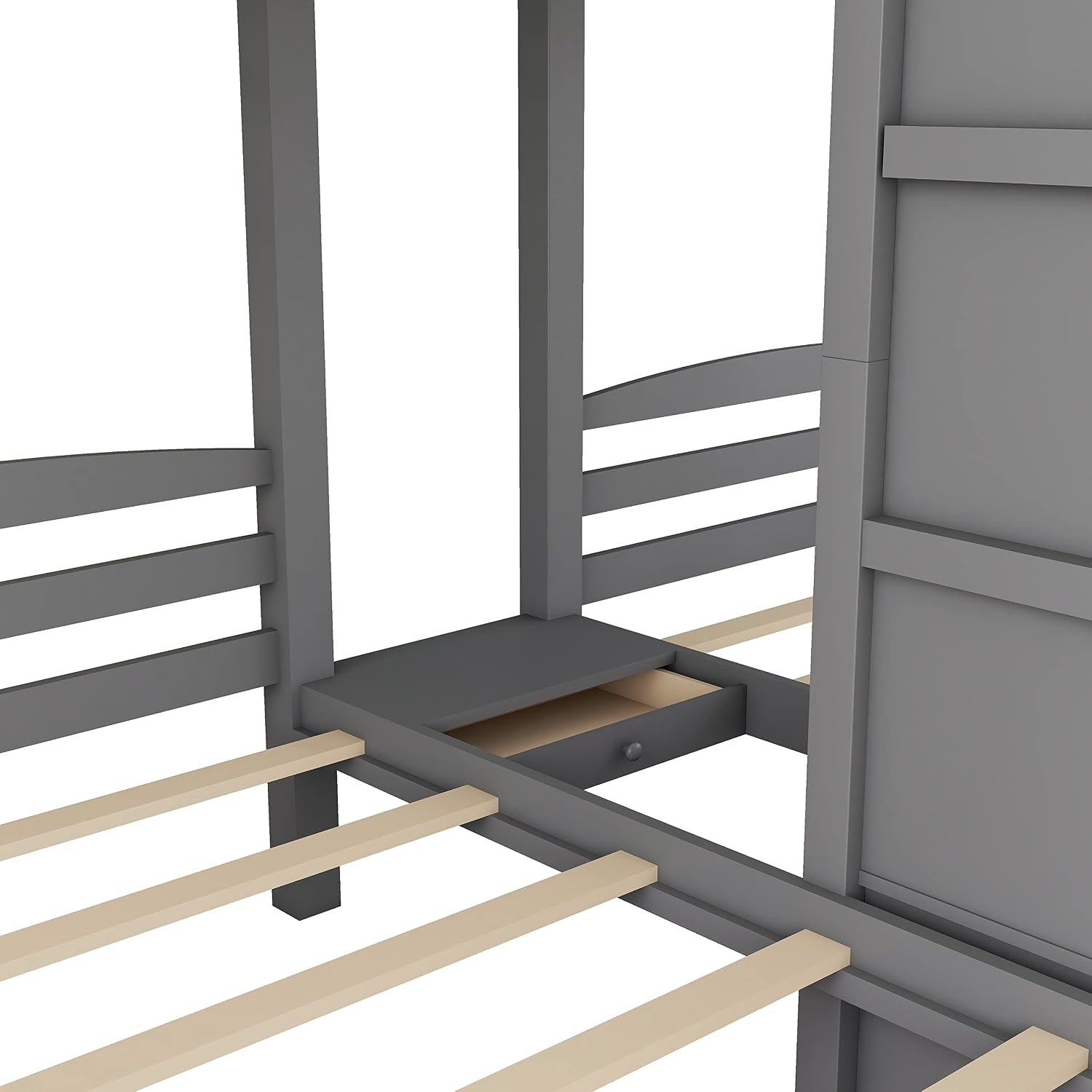 VilroCaz Twin Size Triple Bunk Bed with Built-in Staircase and Storage Drawer, Solid Wood Bunk Bed Frame with Safety Full-Length Guardrail for 3, Bedroom Guest Room Home Furniture (Gray)
