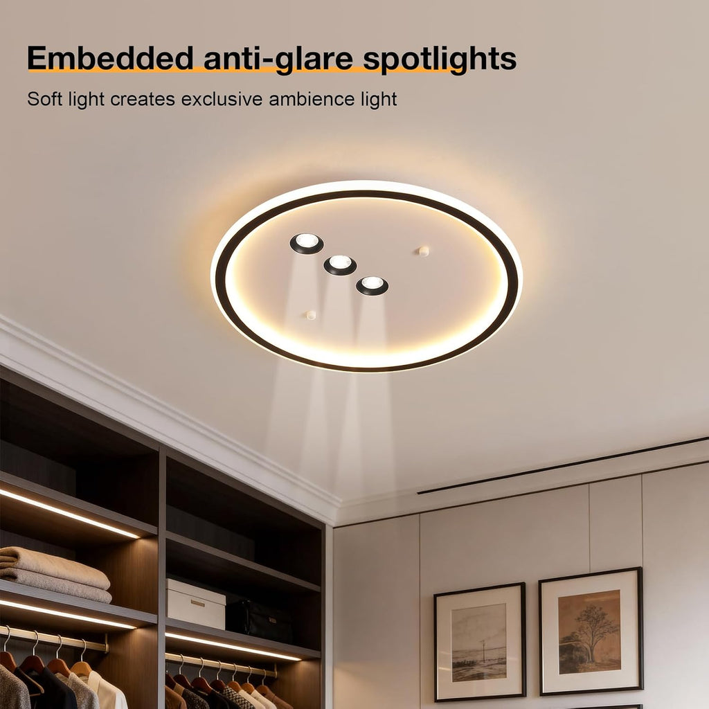 Shine LUEST Modern Round LED Flush Mount Ceiling Light with Black Finish & 3 Adjustable Spotlights, Dimmable Soft Glow Ceiling Lighting for Living Room Bedroom Hallway