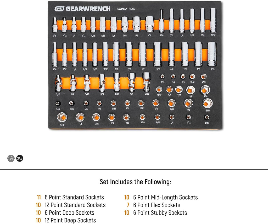 GEARWRENCH 68 Piece 1/4' Drive Master SAE Socket Set in Foam Storage Tray - GWMSSKT14SAE