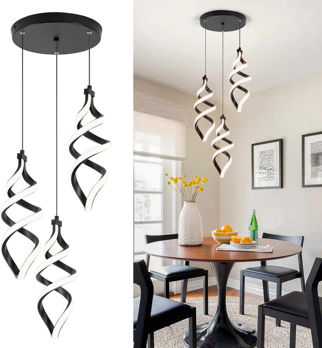 Modern Led Pendant Light Fixture, 45W Black Spiral Led Chandelier Hanging Lamp, 4500K 3 Light Cluster Pendant Lighting, Adjustable Height Pendant Light for Dining Room Bedroom Kitchen Island (3 Light)