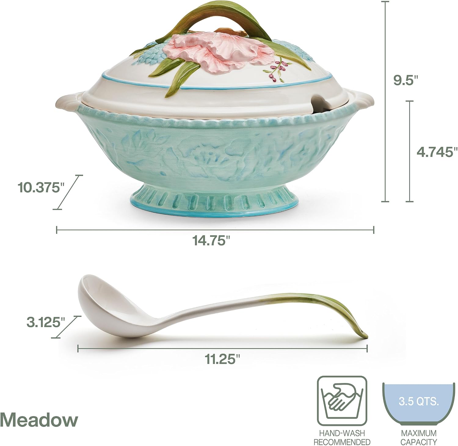 Fitz and Floyd Meadow Tureen Covered Serving Bowl with Ladle, 3.5 Quart