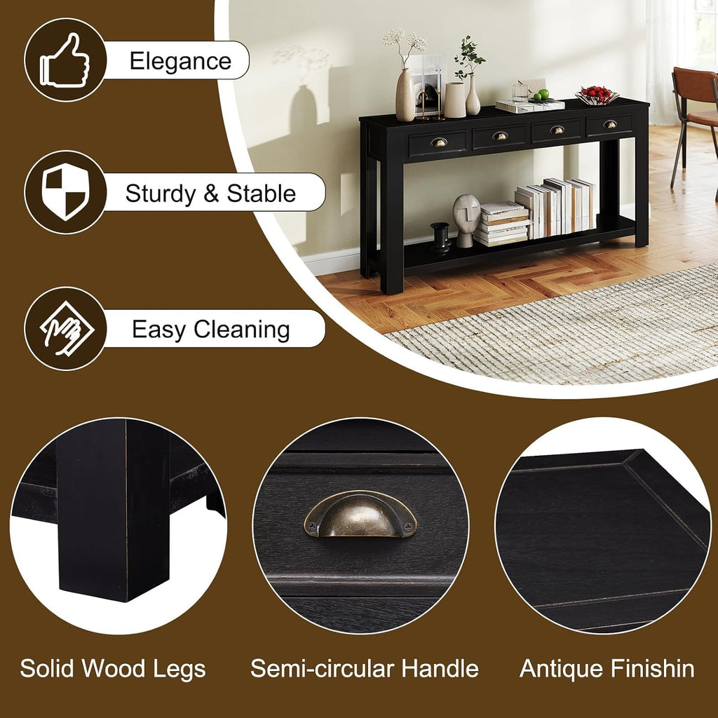 kinbor Long Sofa Table - Black 60 Inch Console Tables for Living Room, Hallway Table with 4 Drawers, Modern Wood Entryway Table with Storge Shelf