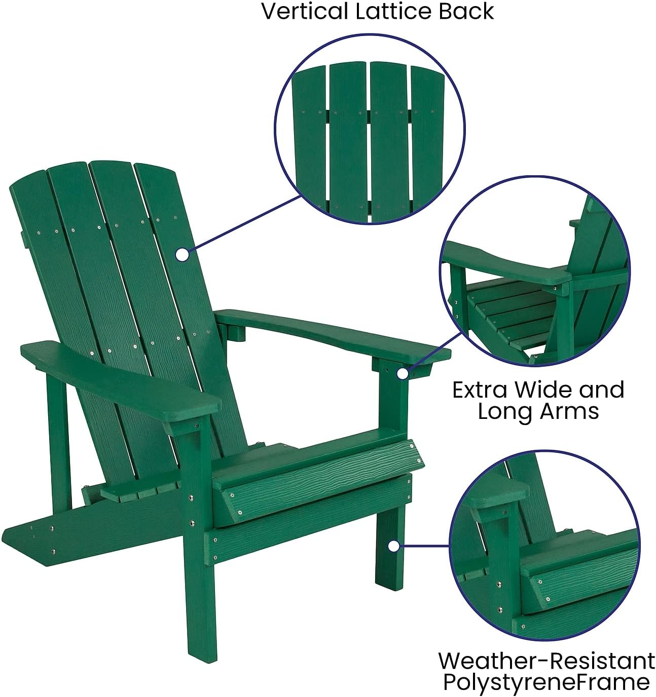 Flash Furniture Charlestown Commercial Grade Indoor/Outdoor Adirondack Chair, Weather Resistant Durable Poly Resin Deck and Patio Seating, Green