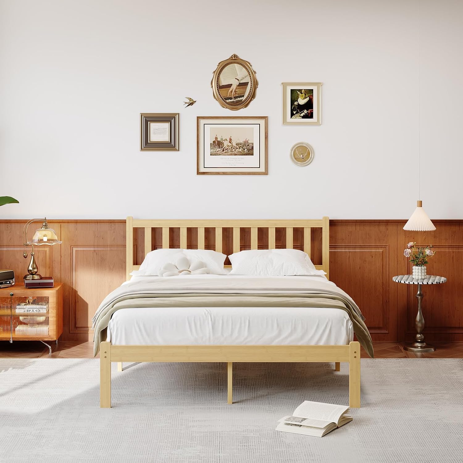 14 in High Solid Bamboo Wood Platform Queen Bed Frame with Headboard, Bed Frame Queen Size, Heavy Duty, No Box Spring Needed, Nosie Free