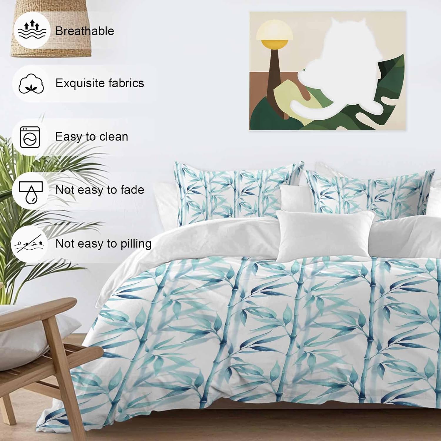 Blue Leaves Duvet Cover Set Queen Size 4 Pieces Minimalist Natural Style Ink Painting Modern Bedding Set with Zipper Closure, 1 Comforter Cover 92x106 Inches 1 Flat Sheet & 2 Pillow Cases