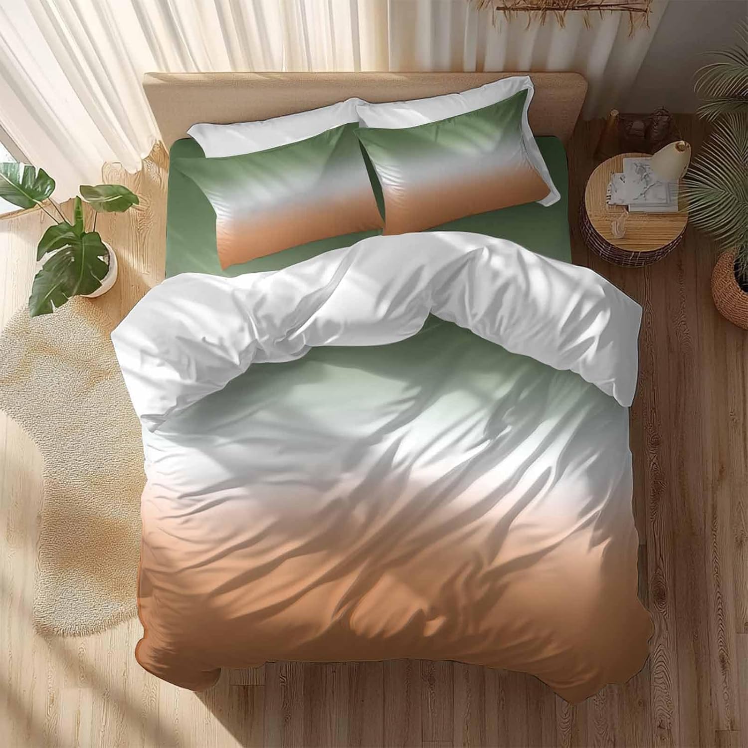 Bohemian Gradient Sage Green Duvet Cover Set Queen Size 4 Pieces Modern Minimalist Green Orange Ocean Beach Bedding Set with Zipper Closure,1 Comforter Cover 90x92 Inches 1 Flat Sheet & 2 Pillow Cases