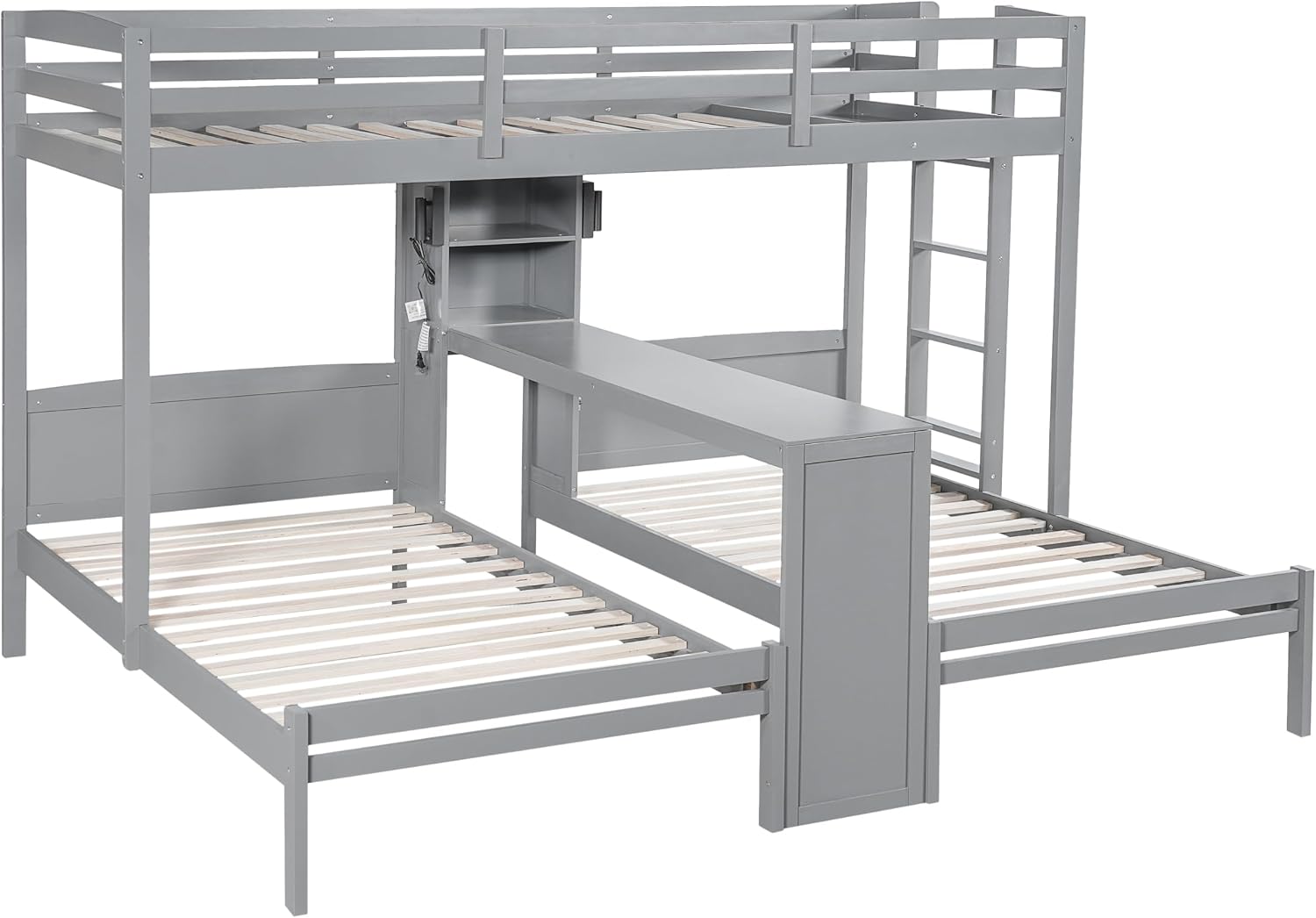 VilroCaz Twin Over Twin & Twin Bunk Bed with Built-in Desk and Storage Shelves, 3 Beds in 1 Design Solid Wood Triple Bunk Bed with Reading Lamp and Guardrails for Kids Teens Aldults (Gray-2.14)
