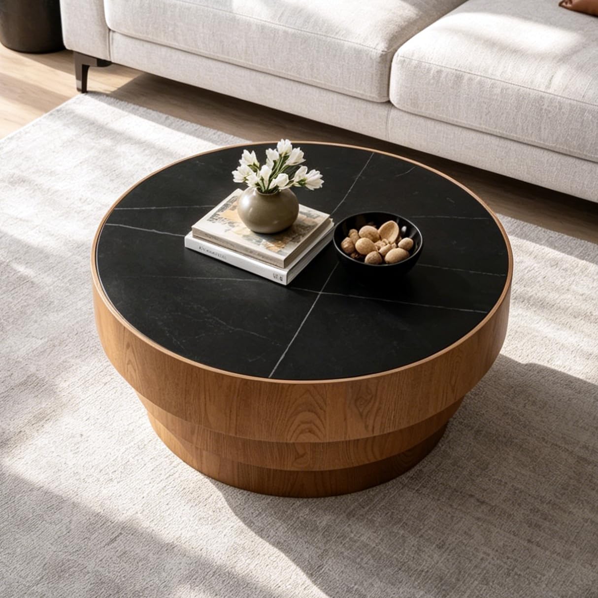 Black Round Coffee Table, 31.5' Round Coffee Table with Sintered Stone Tabletop and MDF with Wood Veneer Tiered Base, Modern Low Profile Circle Cocktail Tea Table for Living Room