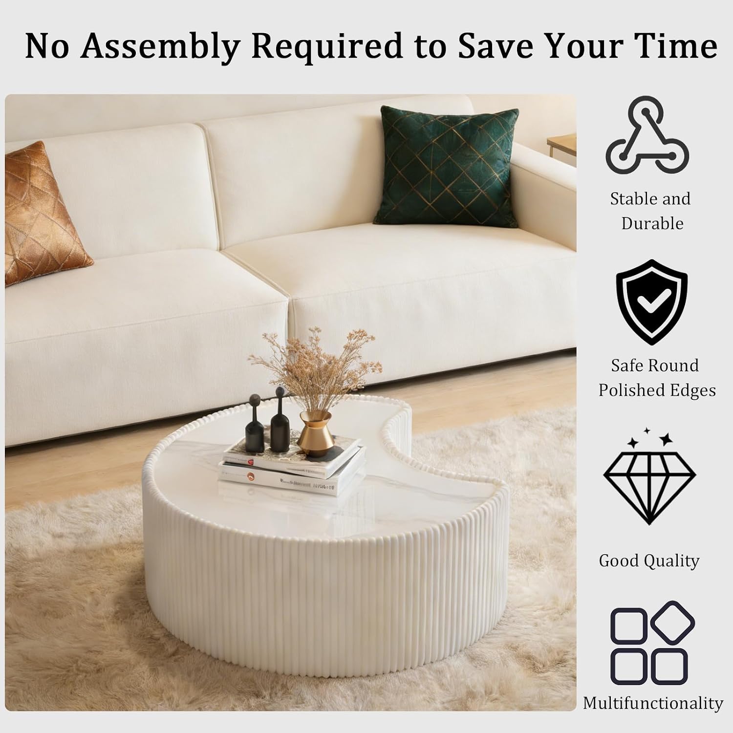 29.53' White Round Coffee Table, Drum Coffee Table with Sintered Stone Tabletop and Fluted PU Leather Covered and Stable Base, Circle Cocktail Tea Table for Living Room