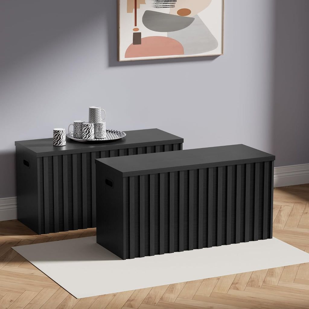 UEV Black Storage Bench Set of 2, 39.4' Fluted Wood Storage Trunk with 2 Safety Hinges, Sturdy Storage Chest, Storage Bench for Bedroom,Entryway, Living Room
