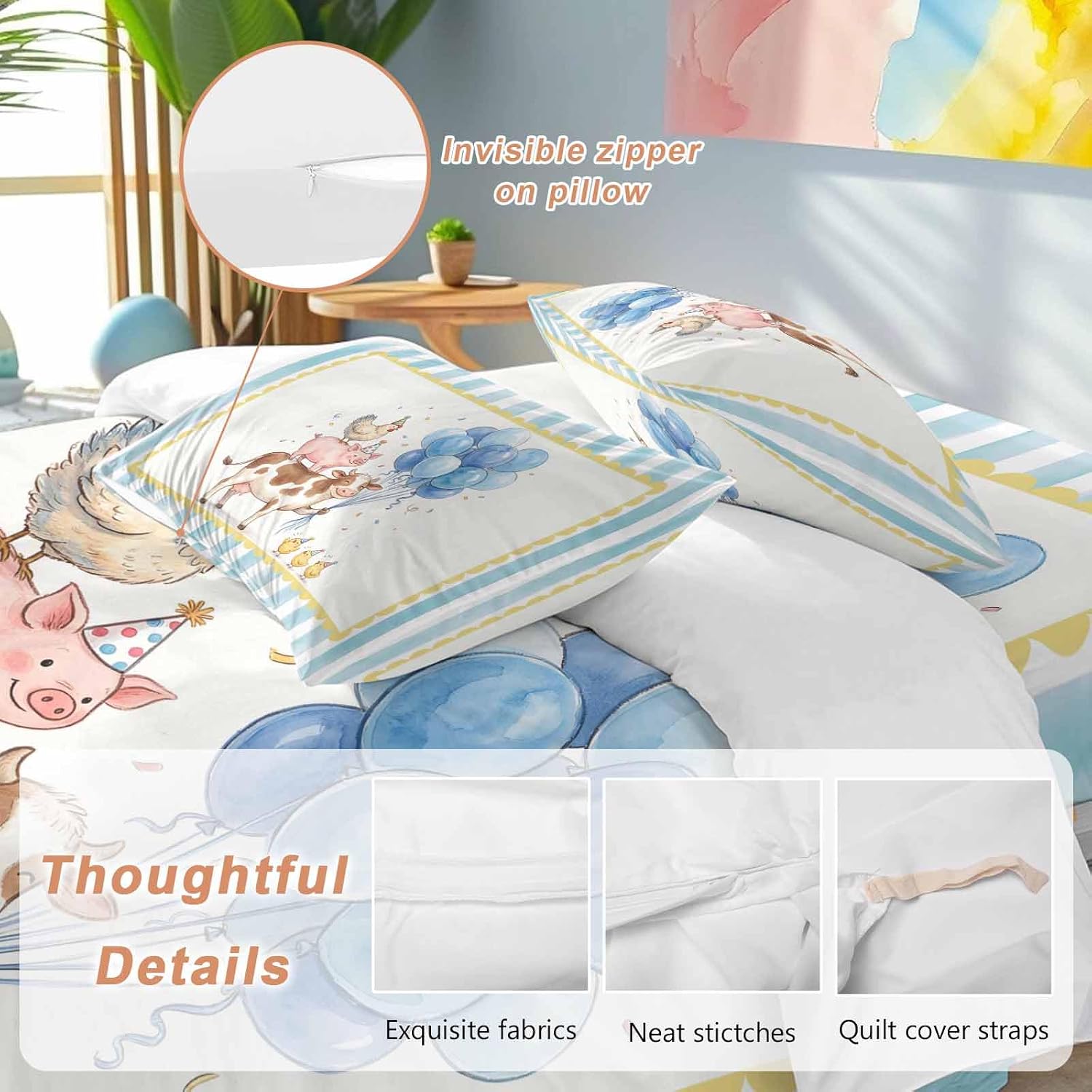 Pig Cow Duvet Cover Set Queen Size 4 Pieces Hen Chicks Blue Balloons Watercolor Animal Yellow Border Striped Bedding Set with Zipper Closure,1 Comforter Cover 92x106 Inches 1 Flat Sheet&2 Pillow Cases