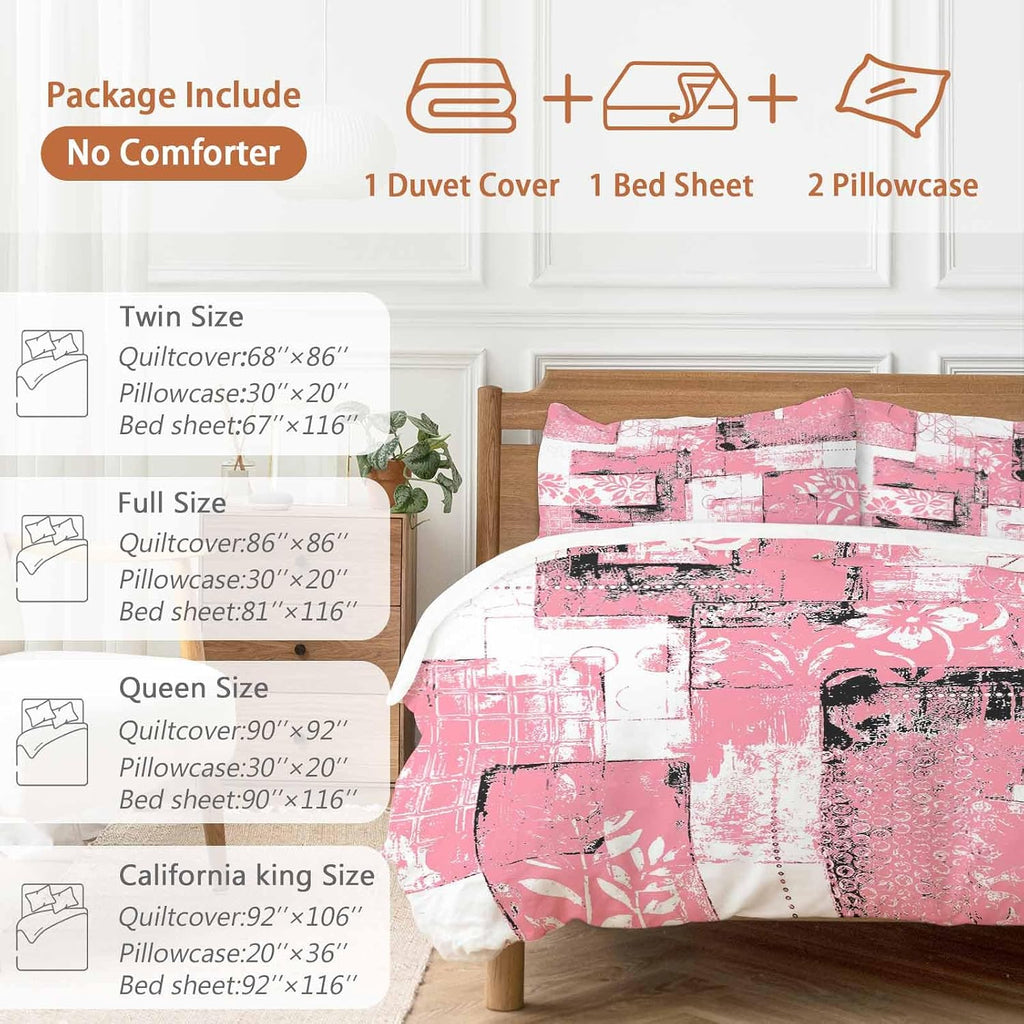 Modern Boho Duvet Cover Set Queen Size 4 Pieces Flower Geometric Texture Pink White Abstract Art Bedding Set with Zipper Closure, 1 Comforter Cover 92x106 Inches 1 Flat Sheet & 2 Pillow Cases