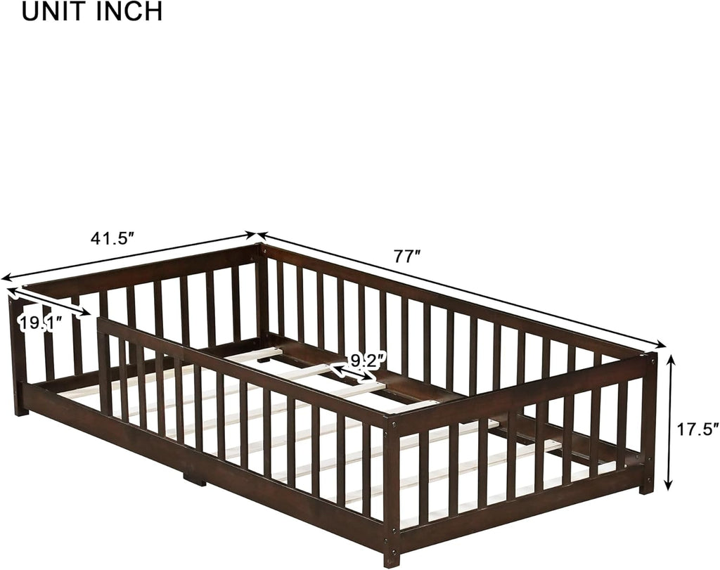 Twin Size Kids Montessori Floor Bed,Twin Floor Bed Frame with Slats,Solid Wood Twin Bed Frame for Girls Boys,White