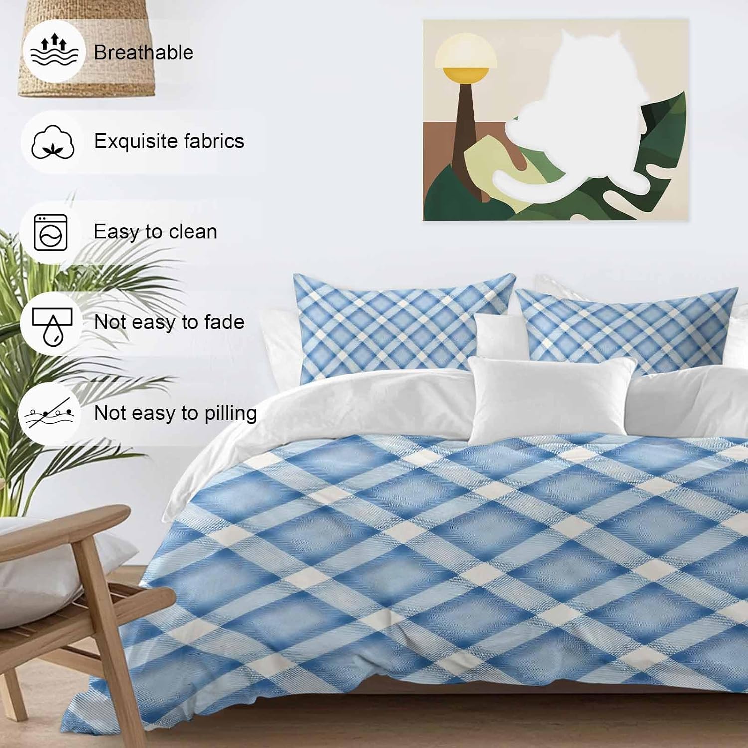 Blue Checkered Duvet Cover Set Queen Size 4 Pieces Modern Minimalist Watercolor Country Farm Bedding Set with Zipper Closure, 1 Comforter Cover 92x106 Inches 1 Flat Sheet & 2 Pillow Cases