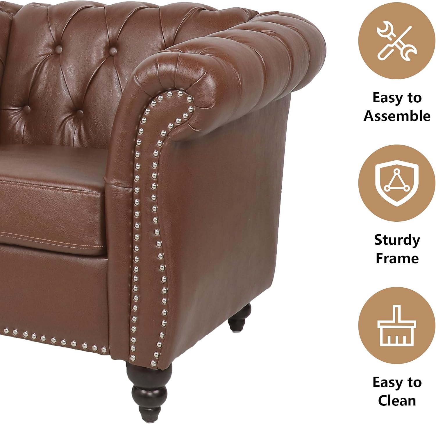 QHITTY Accent Large Sofa, Chesterfield Couch 3 Seater Modern Leather Couch Upholstered Sofa with Tufted Back for Living Room Furniture (Dark Brown)