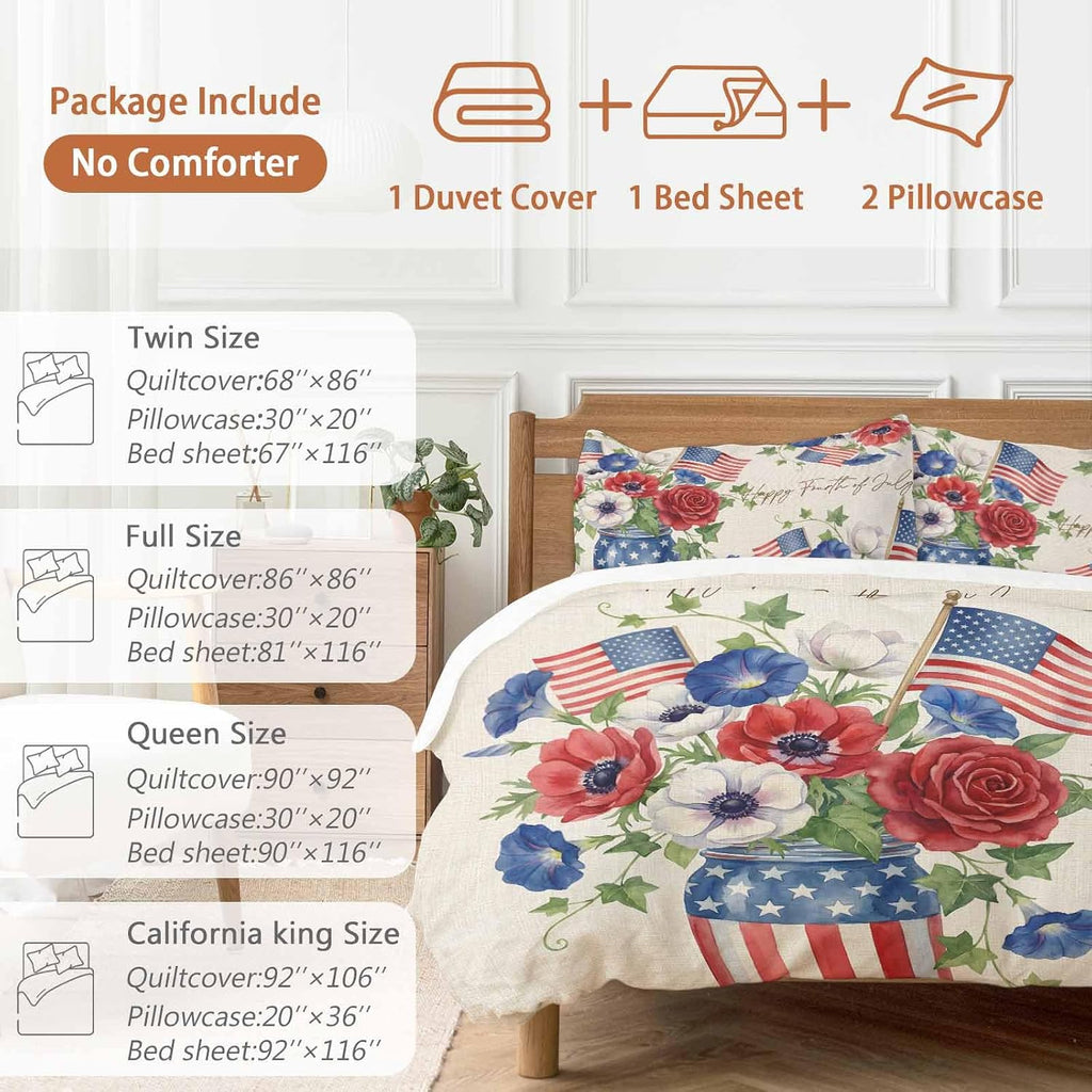 Happy Independence Day Duvet Cover Set Queen Size 4 Pieces U. S. Flag Flowers White Five-Pointed Stars Bedding Set with Zipper Closure, 1 Comforter Cover 92x106 Inches 1 Flat Sheet & 2 Pillow Cases