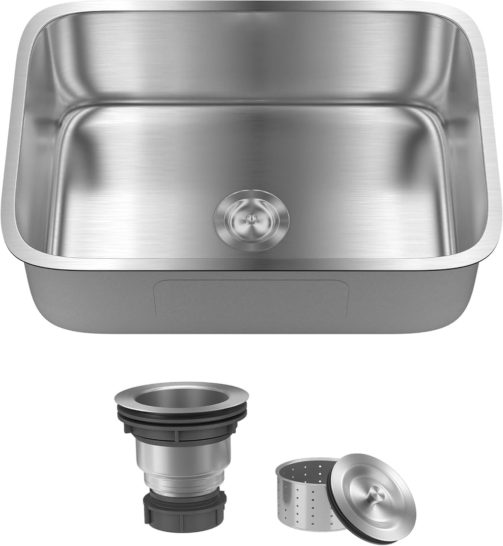 DeerValley 27 Inch Undermount Kitchen Sink 18 Gauge Stainless Steel Kitchen Sink Spacious Single Bowl Sinks with Basket Strainer Curved Shape Round Corner Deep Sinks for Modern Kitchens