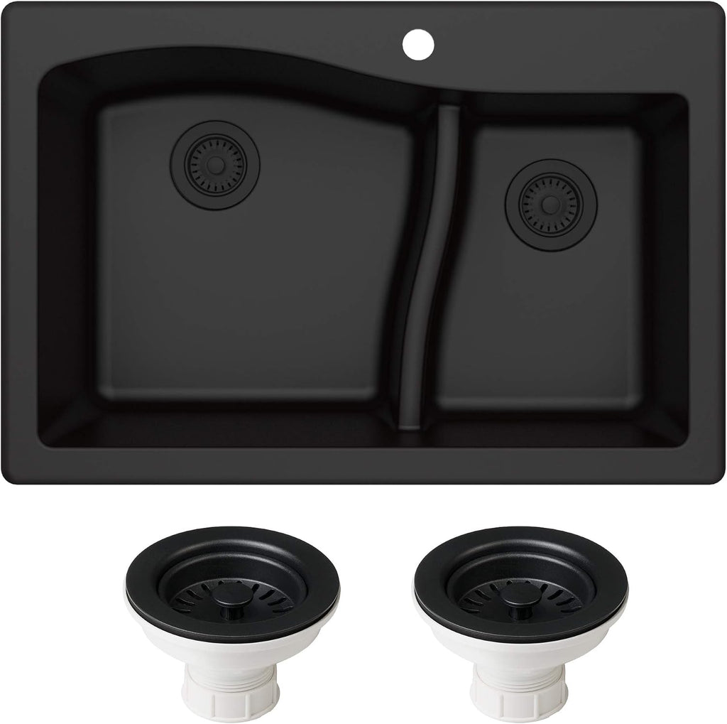 KRAUS KGD-442 Quarza 33-inch 33' Dual Mount 60/40 Double Bowl Granite Kitchen Sink in Black