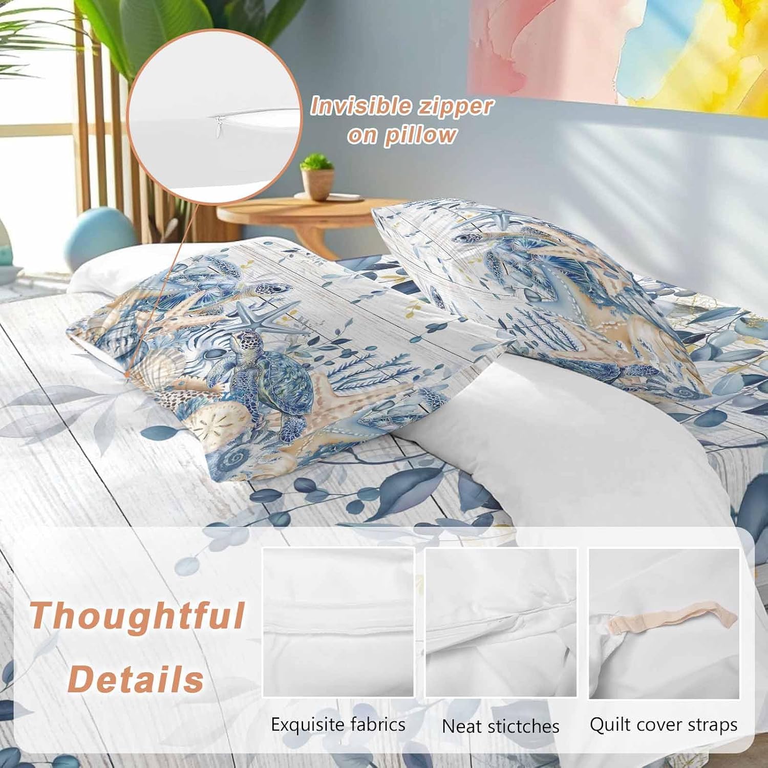 Ocean Turtle Duvet Cover Set Queen Size 4 Pieces Retro Sea Stars Shells Blue Leaf Wood Grain Bedding Set with Zipper Closure, 1 Comforter Cover 92x106 Inches 1 Flat Sheet & 2 Pillow Cases