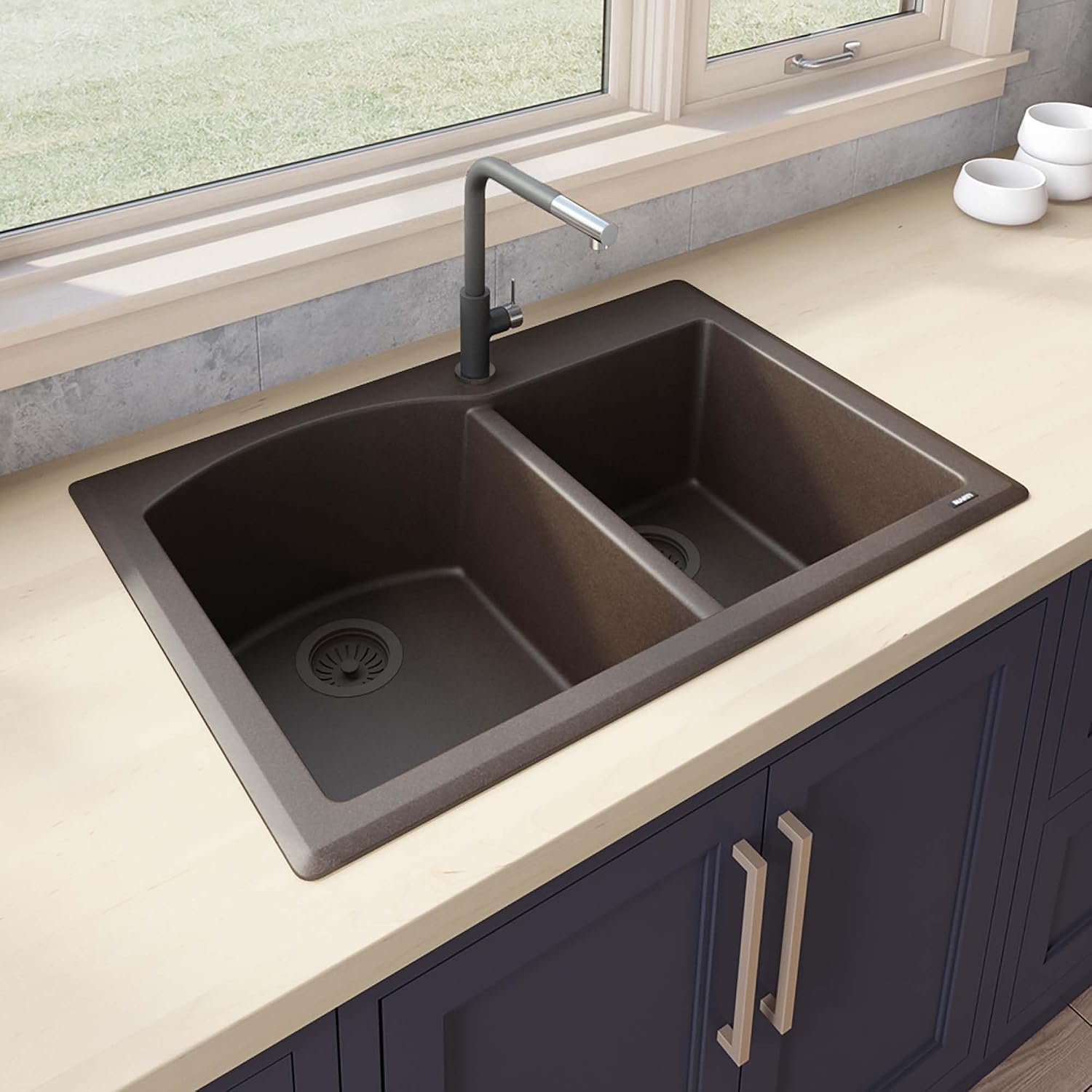 Ruvati 33 x 22 inch epiGranite Drop-in Topmount Granite Composite Quartz Double Bowl Kitchen Sink - Espresso Brown - RVG1344ES