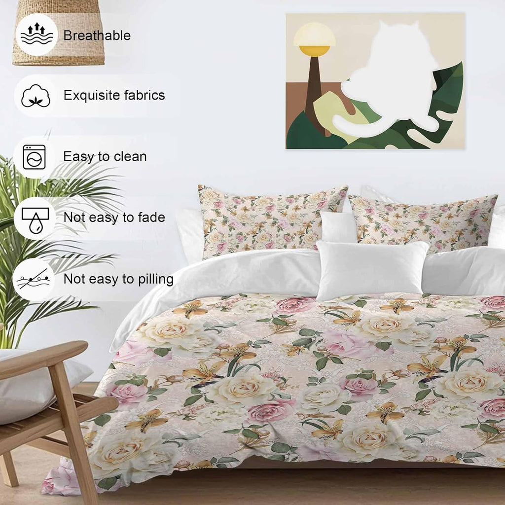 Prime Leader Floral Spring Duvet Cover Set Queen Size 4 Pieces Flower Retro Texture Bedding Set with Zipper Closure, 1 Comforter Cover 92x106 Inches 1 Flat Sheet & 2 Pillow Cases