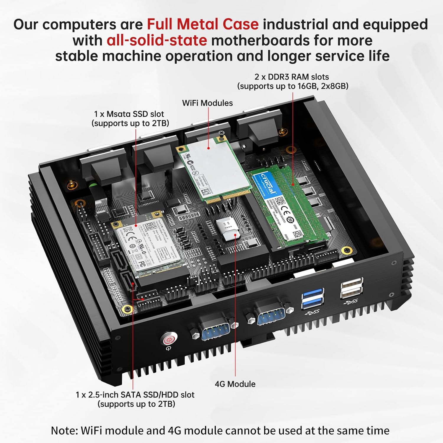 Fanless Mini PC, Industrial Desktop Computer Core i7-5500U 2.4-3.0GHz, Windows 10 Pro, 8GB RAM, 128GB SSD, 2xNICs, 6xCOM RS232, 4xUSB 3.0, HDMI/VGA Ports, Auto Power On, Full Metal Case
